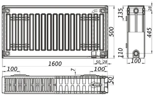Радіатор сталевий 22/500х1600 низ-справа/бок KALITE (без клапана INNER)