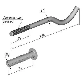 Комплект кронштейнів радіатора CRISTAL NS-1015 штирьковий прорезинений з дюбелем &Oslash;9х170мм (2шт)