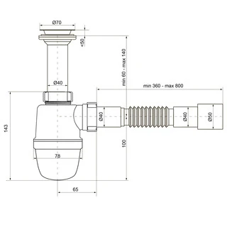 Сифон OPTIMUM 1 1/2&Prime;*40 для умивальника та мийки  з литим випуском та гофротрубою 40*40/50 OPTI 11043