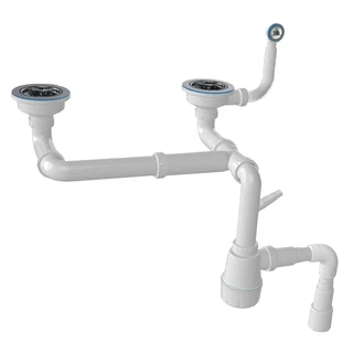 Сифон для мийки гранітної подвійний 3 1/2&Prime; різнорівневий, 60 мм гвинт, круглий перелив 35мм, з гофрою