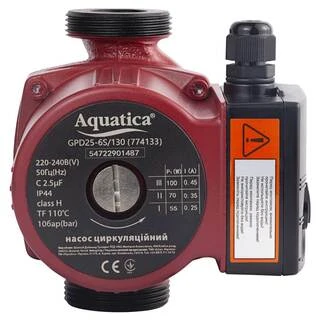Насос циркуляційний 100Вт Hmax 6м Qmax 75л/хв &Oslash;1&frac12;" 130мм+гайки &Oslash;1" AQUATICA (774133)