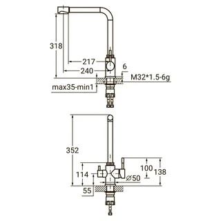 Змішувач KT &Oslash;35 для кухні гусак з виходом для питної води на гайці SS AQUATICA KT-4B770P (9722121)