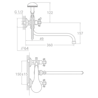 Змішувач s85 &frac12;" для ванни гусак вигнутий дивертор вбудований кульовий TAU VN-5C460C (9885220)